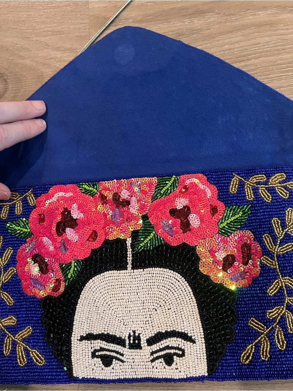Beaded Floral Face Motif Clutch - Blue & Pink
